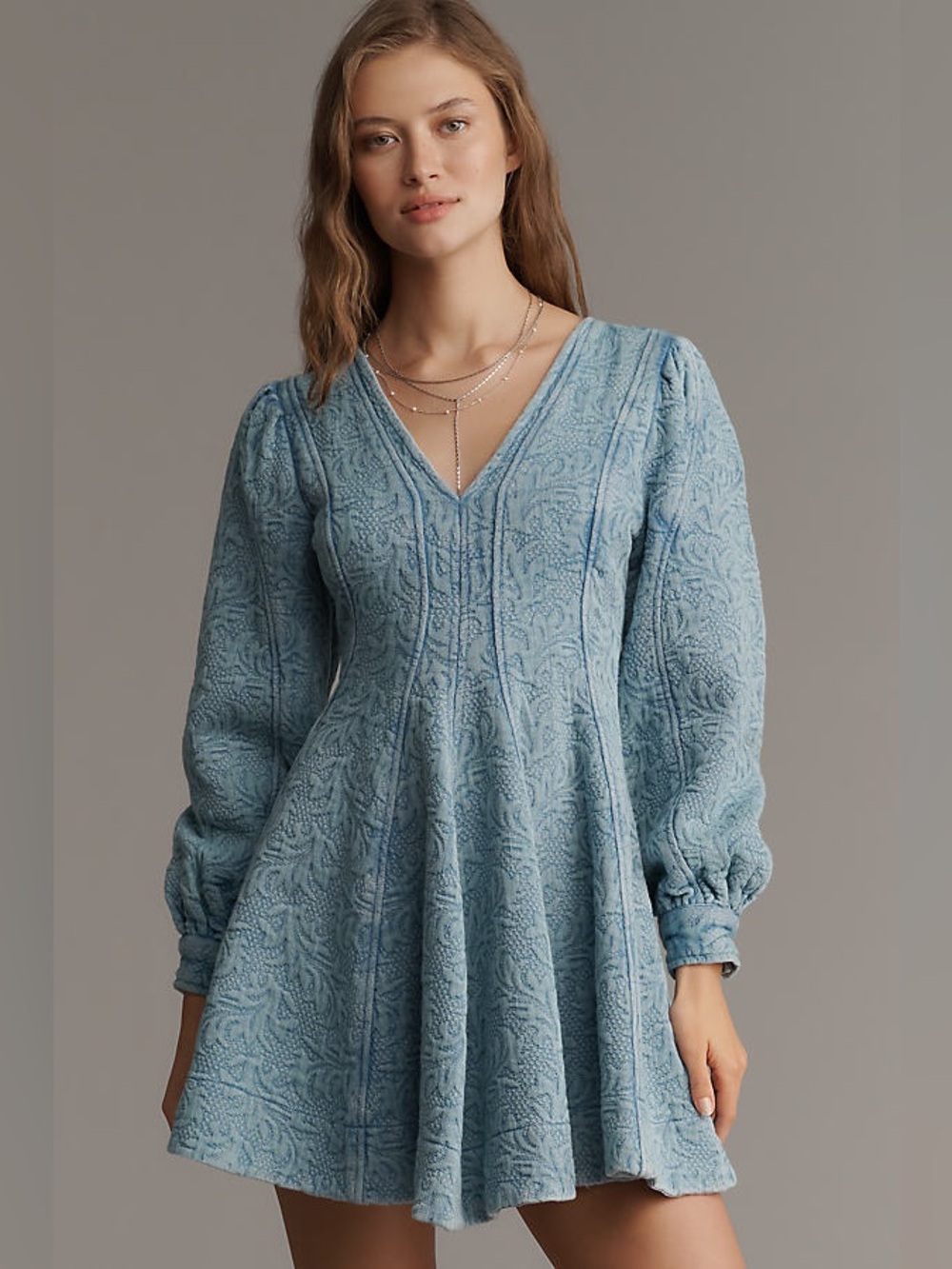 Anthropologie Pilcro Western Light Blue V-Neck Textured Mini Dress Size 12 NWT